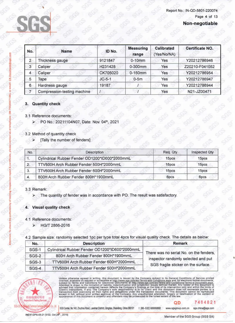 SGS third-party inspection report for Qingdao Jincheng cylindrical and arch rubber fenders checked to HG/T 2866-2016