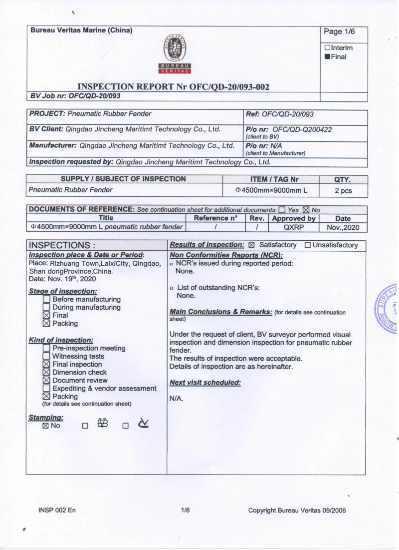 Bureau Veritas inspection report for Qingdao Jincheng 4.5 m by 9.0 m pneumatic rubber fenders, final inspection result satisfactory