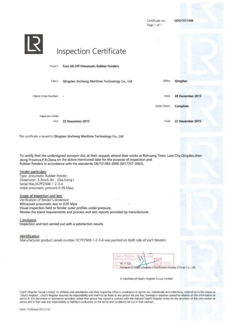 Lloyd's Register inspection certificate for Qingdao Jincheng 3.3 m by 6.0 m pneumatic rubber fenders tested to GB/T 21482-2008