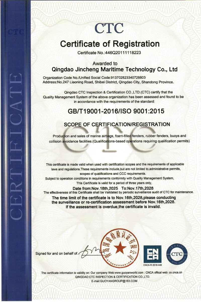 ISO 9001:2015 quality management system certificate issued to Qingdao Jincheng Maritime Technology by CTC, covering production of marine airbags, foam-filled fenders, rubber fenders and buoys