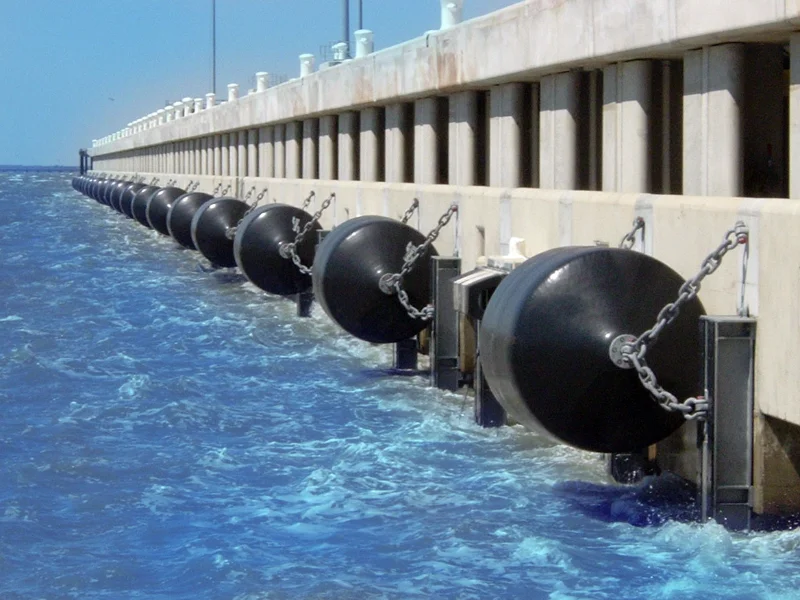 Foam-filled fender with elastomer skin floating alongside a quay