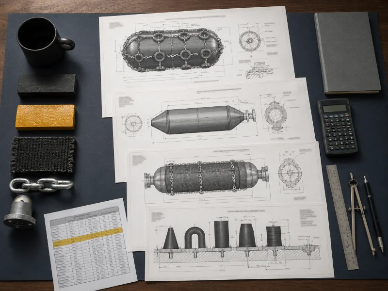 Technical drawings and rubber material samples for marine fender and airbag selection