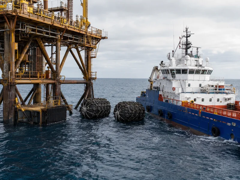 Pneumatic fenders protecting an offshore platform with a supply vessel alongside