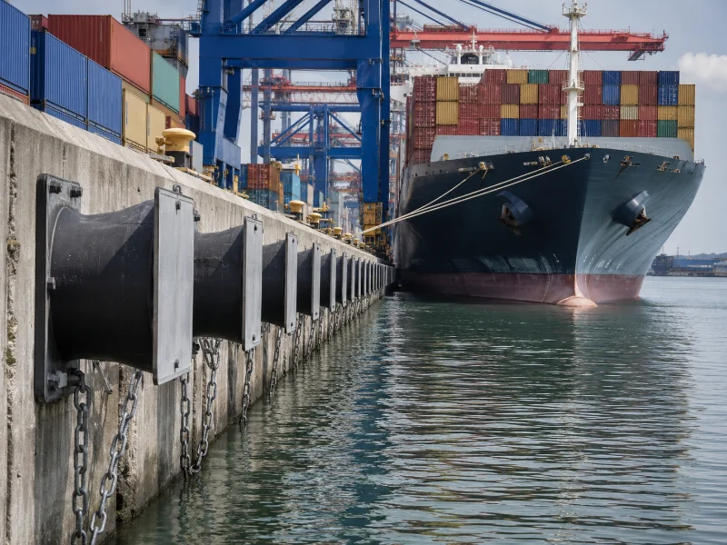 Rubber fenders along a container terminal quay wall with a ship moored alongside