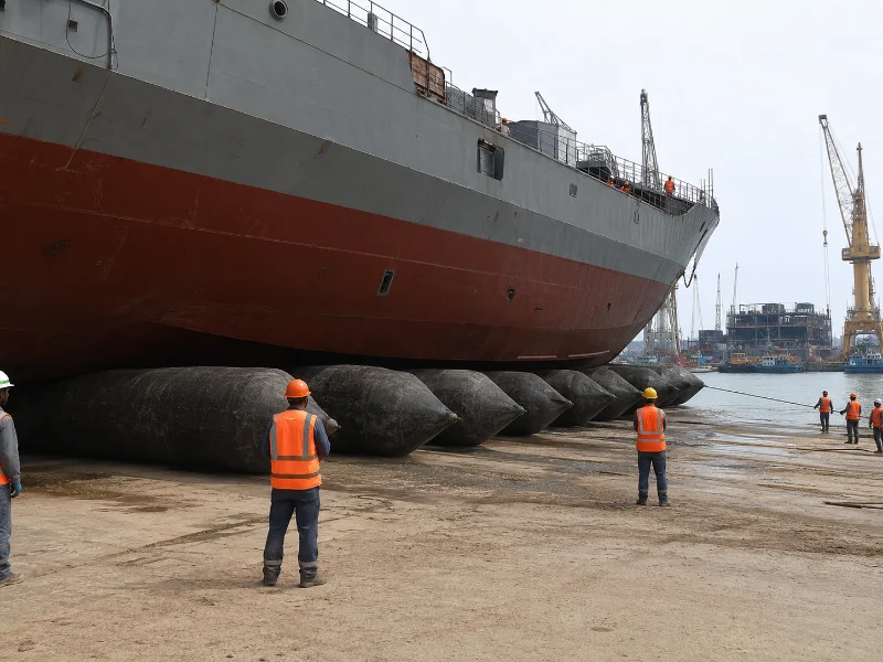 Marine airbags under a ship hull during launching at a shipyard slipway