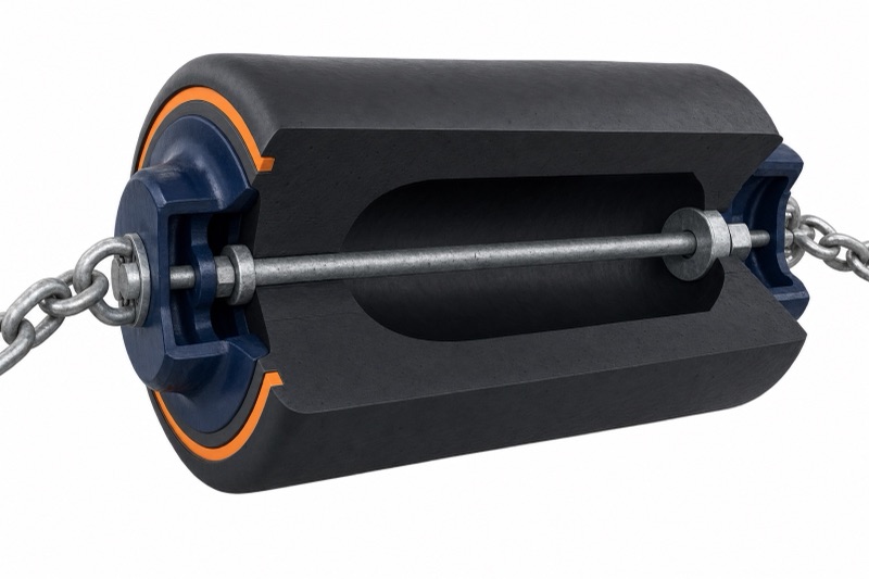 Cutaway of a hollow cylindrical rubber fender with bore and through-rod