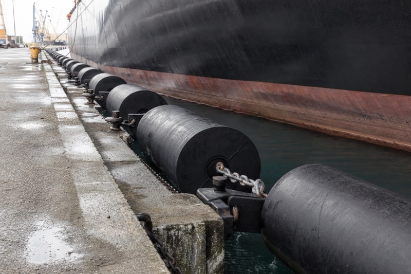 Cylindrical rubber fenders mounted on a concrete quay wall with a ship alongside