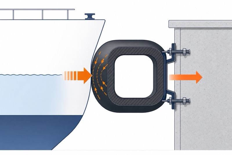 Diagram: a hollow cylindrical rubber fender deflects under a hull to absorb berthing energy