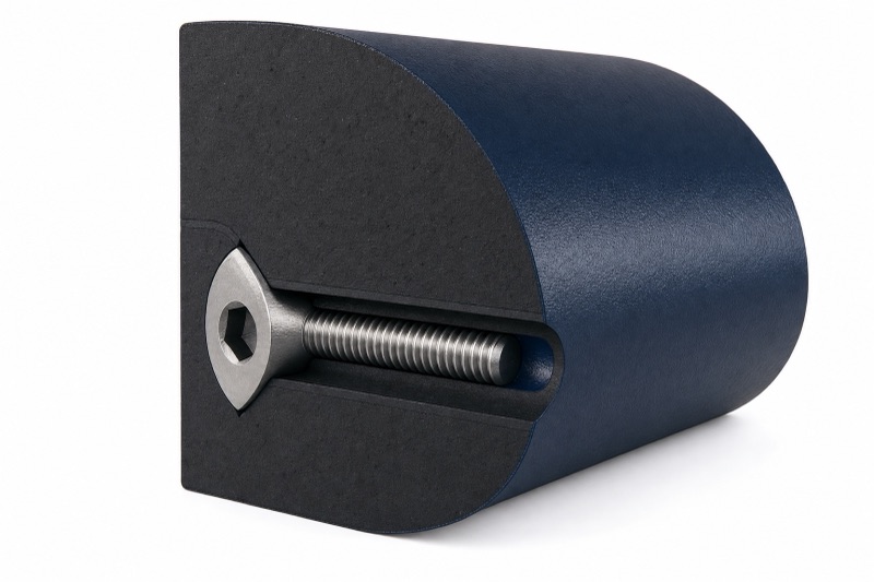 Cutaway of a D-section rubber fender with flat back, curved face and bolt-through hole