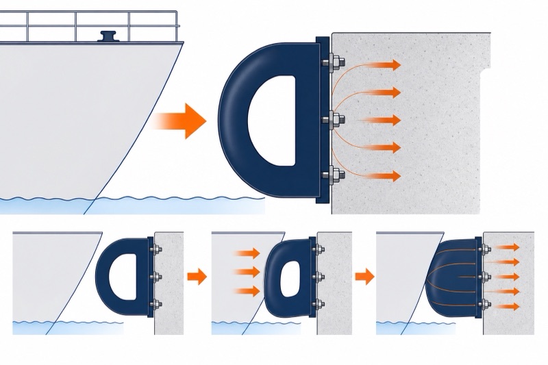 Diagram: a D-section rubber fender deflects against a hull to absorb berthing energy