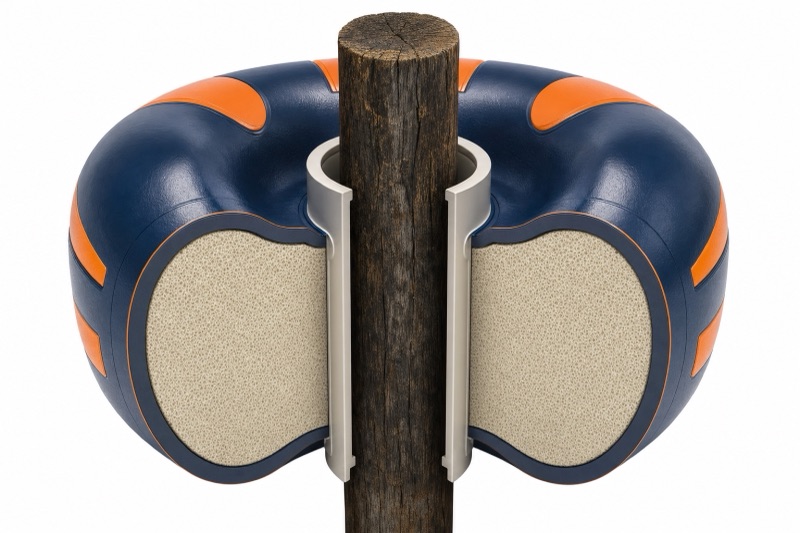 Cutaway of a donut fender: closed-cell foam core, polyurethane skin, central steel sleeve with UHMW-PE liner