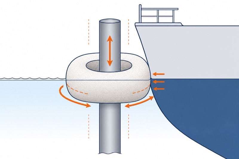 Diagram: a donut fender slides up and down a monopile with the tide and rotates to cushion a vessel