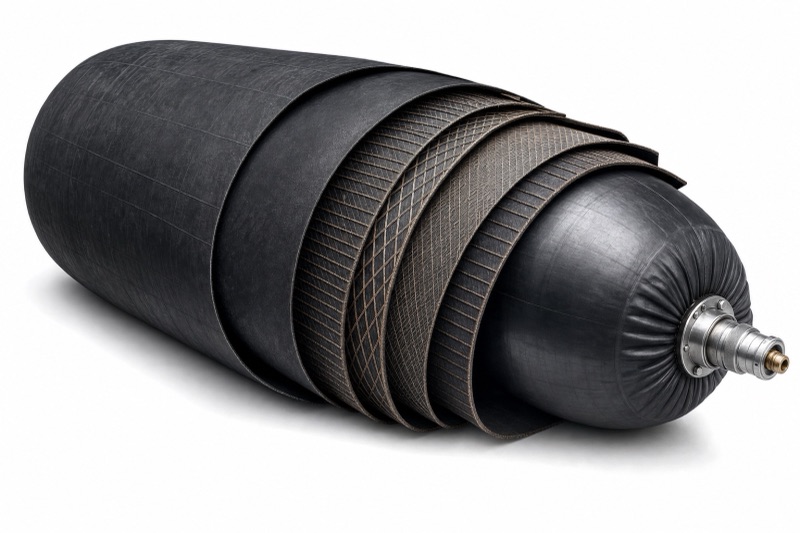 Cutaway of a heavy lifting airbag: outer rubber cover, synthetic tire-cord plies, inner bladder and valve