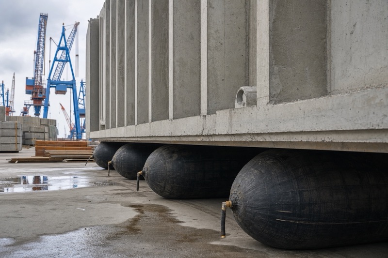 Heavy lifting airbags inflated under a concrete caisson at a coastal construction yard