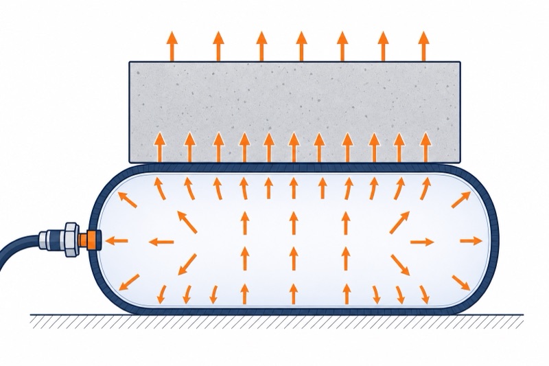 Diagram: a low-pressure airbag spreads lifting force evenly under a heavy load