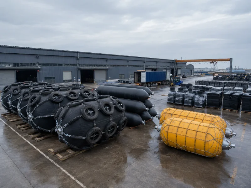 Pneumatic rubber fenders, marine airbags and foam-filled fenders at the Qingdao Jincheng factory
