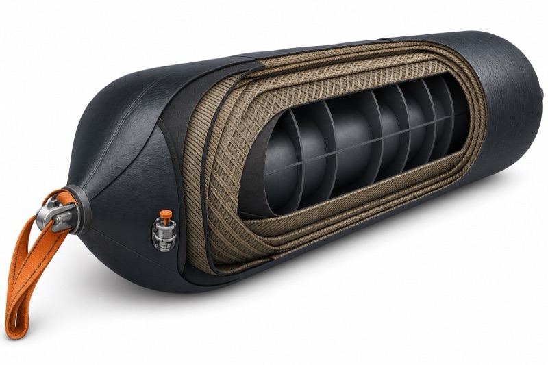 Cutaway of a marine salvage airbag: outer rubber cover, synthetic plies, inner bladder, baffles, sling and relief valve