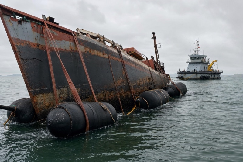 Marine salvage airbags refloating a partially sunken vessel in coastal water