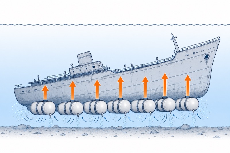 Diagram: salvage airbags displace water to lift a sunken hull toward the surface