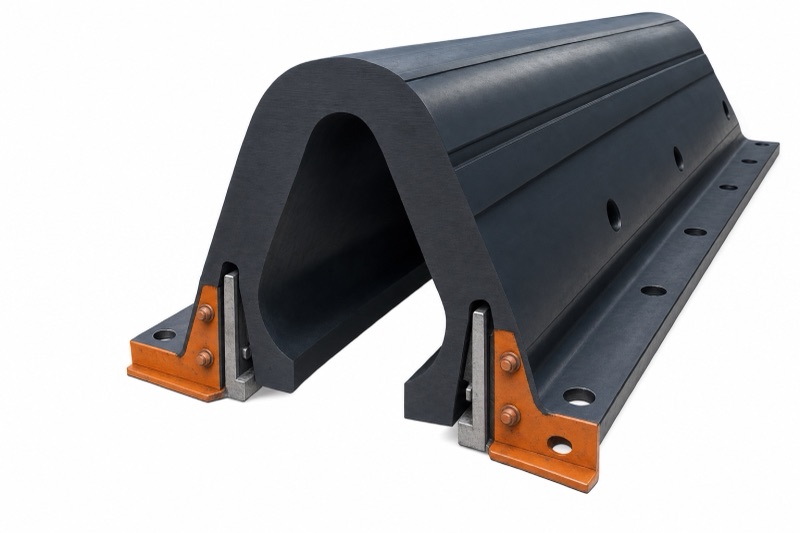 Cutaway of a V-shaped arch rubber fender with base flanges and bolt holes