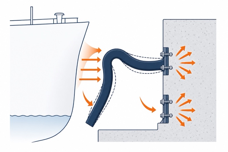 Diagram: a V-shaped arch fender flexes to absorb berthing energy at a low reaction force