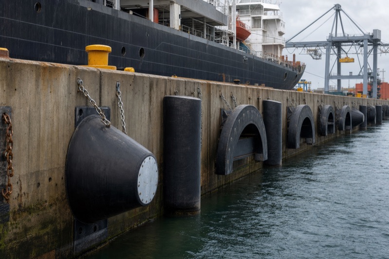 Rubber fenders lining a commercial port quay wall