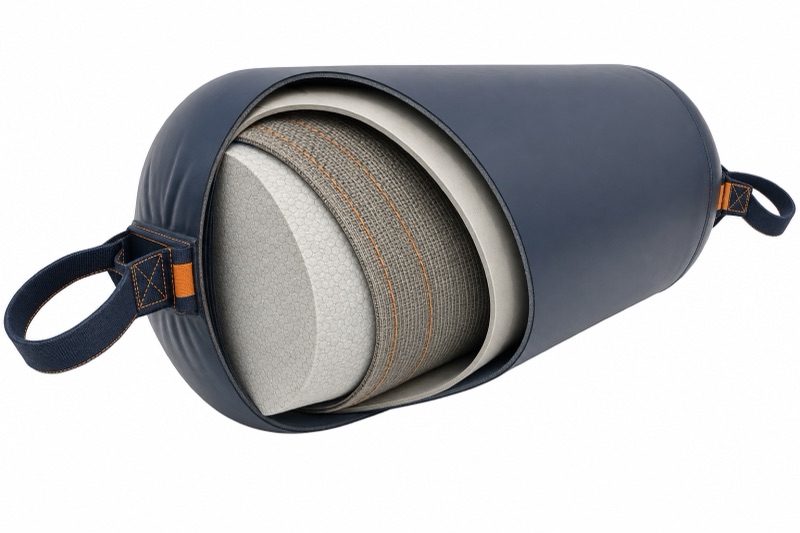 Cutaway of a foam filled fender: closed-cell foam core, nylon reinforcement, polyurethane skin, lifting straps