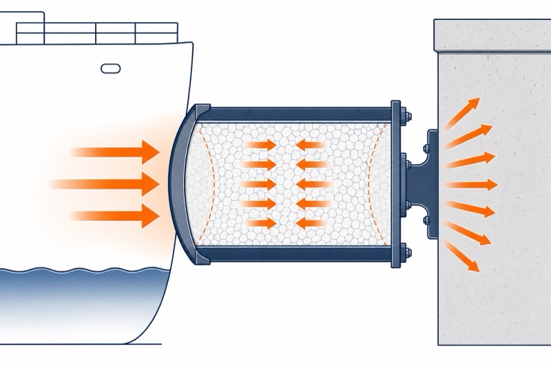 Diagram: a foam-filled fender compresses between hull and quay to absorb berthing energy