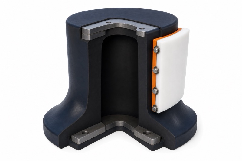 Cutaway of a super cell rubber fender with embedded flanges and a UHMW-PE front pad