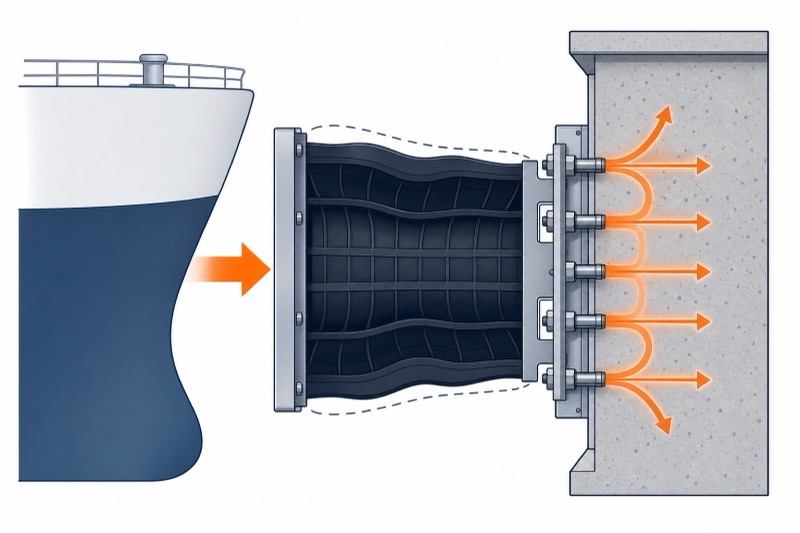 Diagram: a super cell fender buckles to absorb high energy at a controlled reaction force