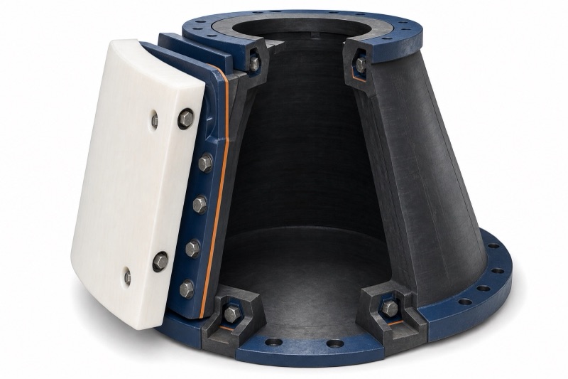 Cutaway of a super cone rubber fender with embedded flanges and a bolted steel front panel