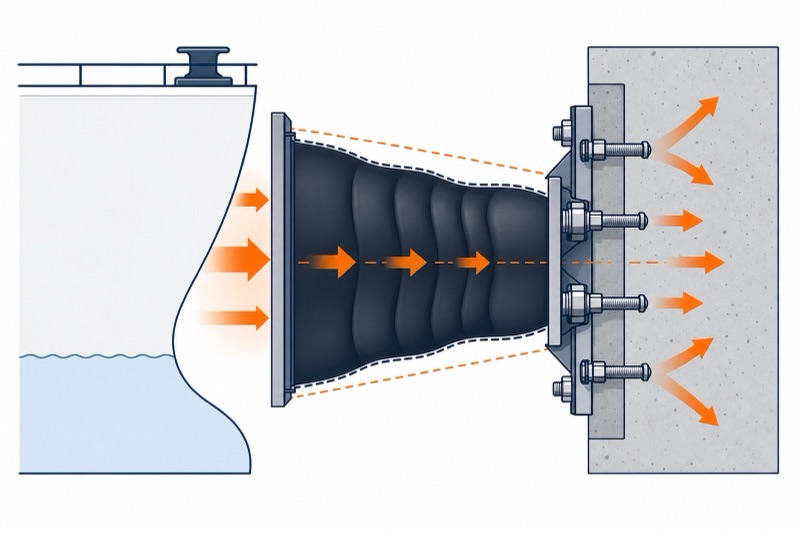 Diagram: a super cone fender buckles to absorb high energy at a low reaction force