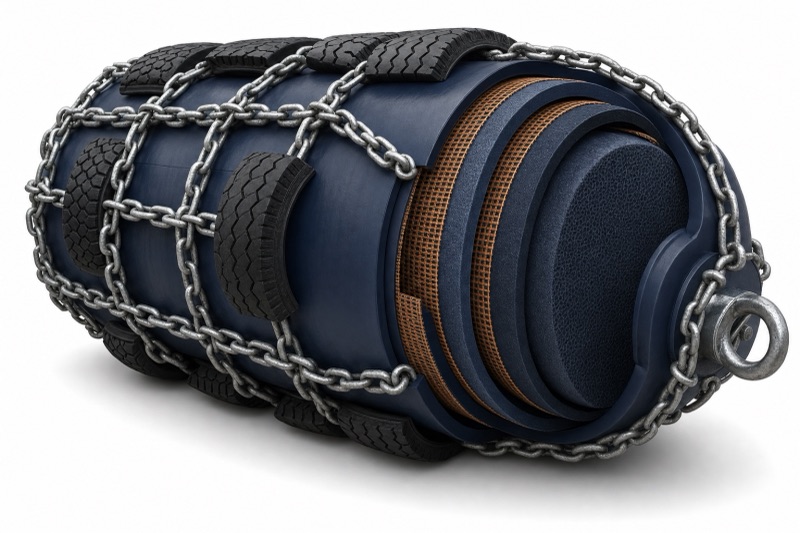 Cutaway of a tire chain net foam fender: foam core, polyurethane skin, and outer tire-chain net