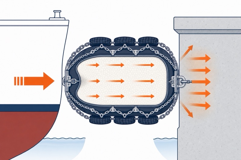 Diagram: a foam core compresses to absorb berthing energy while the tire-chain net protects the skin