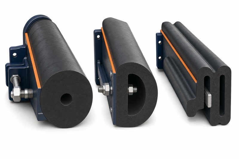 Cutaway of cylindrical, D-section and W-section tug rubber fender profiles