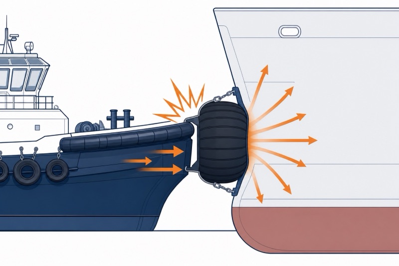 Diagram: a tug bow fender compresses to absorb contact force during push and pull